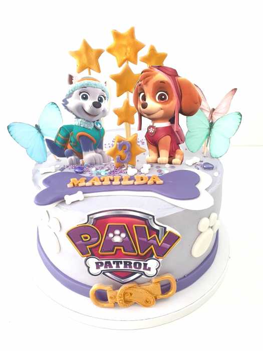 Topper frontal de tort cu logo Patrula Catelusilor roz cu mov [8]