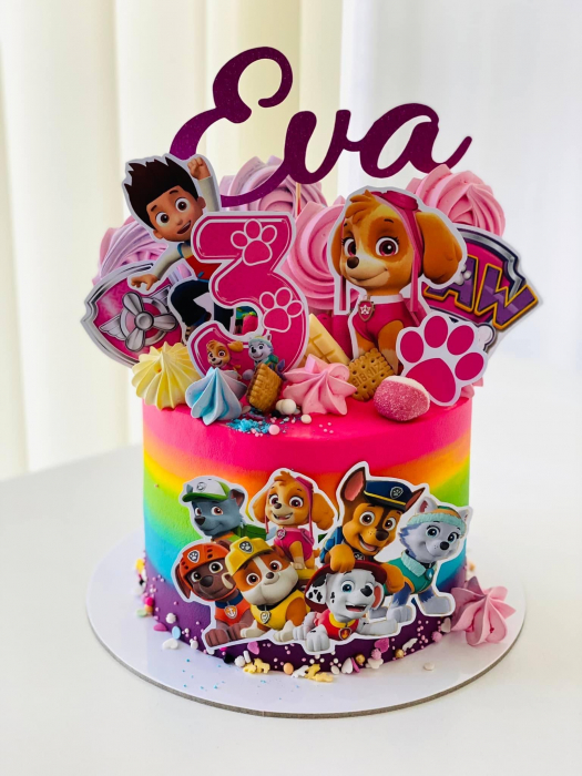 Topper frontal de tort cu logo Patrula Catelusilor roz cu mov [3]