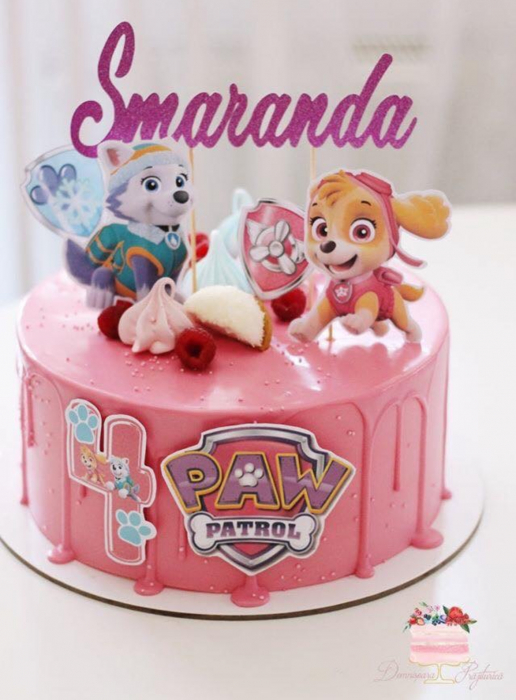 Topper frontal de tort cu logo Patrula Catelusilor roz cu mov [7]