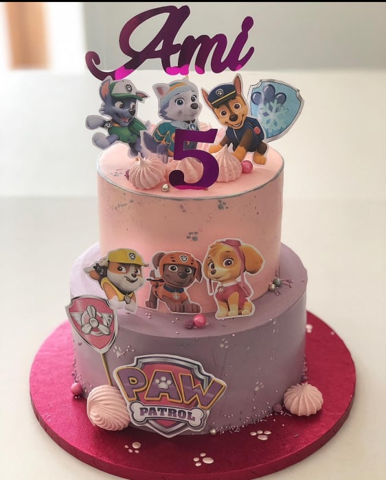 Topper frontal de tort cu logo Patrula Catelusilor roz cu mov [5]