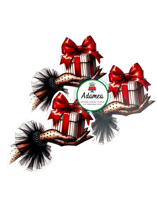 Topper de tort  personalizat cu element special din carton sub forma de  mana eleganta cu manusa rafinata care ofera un cadou cu fundita rosie [2]