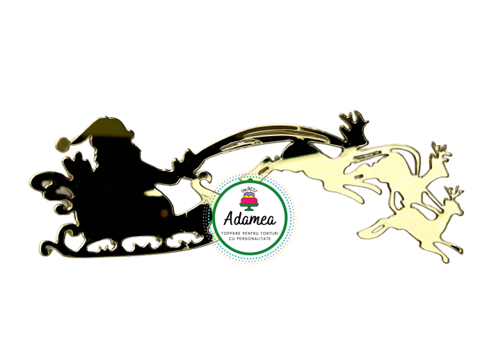 Topper de tort  personalizat cu element special din plexiglas auriu sau argintiu cu Mos craciun in sania trasa de renit pentru Craciun [1]