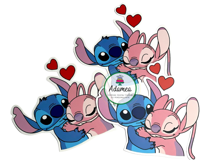 topper de tort  personalizat cu element special din carton  frontal cu Stitch si ngel cei indragositi cu inimioare [1]