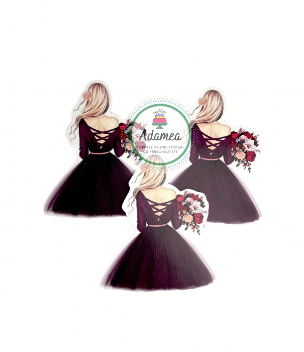 Topper de tort  personalizat cu element special din carton sub forma de  domnisoara blonda cu rochie de gala grena si buchet de flori [1]
