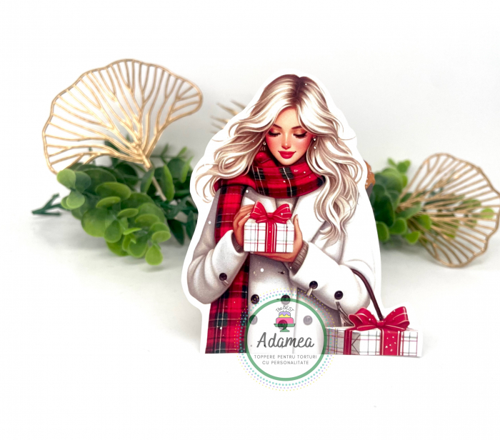 Topper de tort cu element special din carton sub forma de  tanara fata blonda cu cadou de Craciun [1]