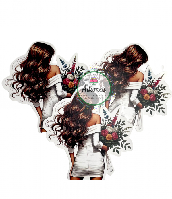Topper de tort  personalizat cu element special din carton sub forma de  tanara bruneta in rochie alba si buchet mare de flori [1]