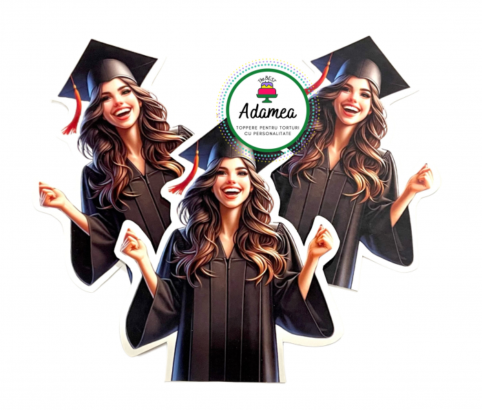Topper de tort  personalizat cu element special din carton sub forma de  studenta vesela absolventa cu toca si roba [1]
