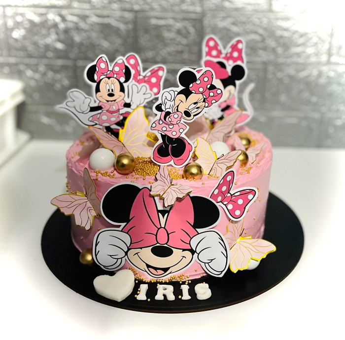 Topper de tort  personalizat cu element special din carton  premium de inalta calitate sub forma  de baby Minnie cu fubda roz pe ochi [2]
