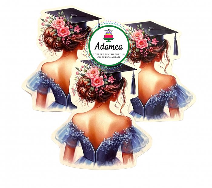 Topper de tort  personalizat cu element special din carton sub forma de tanara eleganta in rochie albastra si flori in par absolventa cu toca [1]