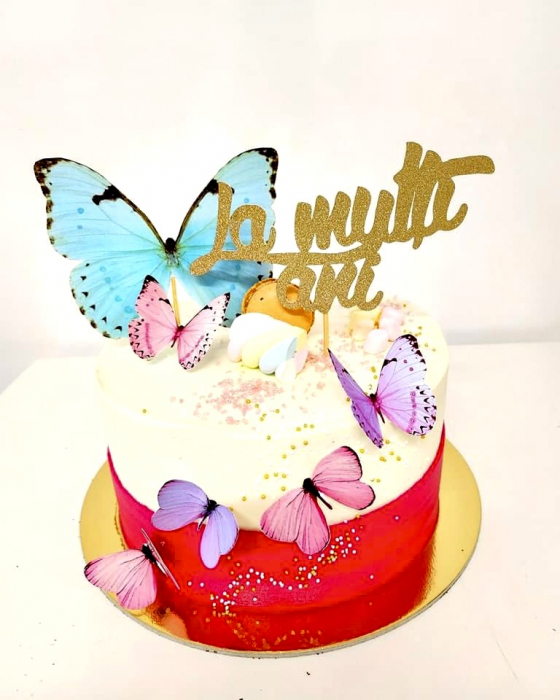 Topper de tort cu element special din carton sub forma de mesaj cu La multi ani auriu glitter [9]