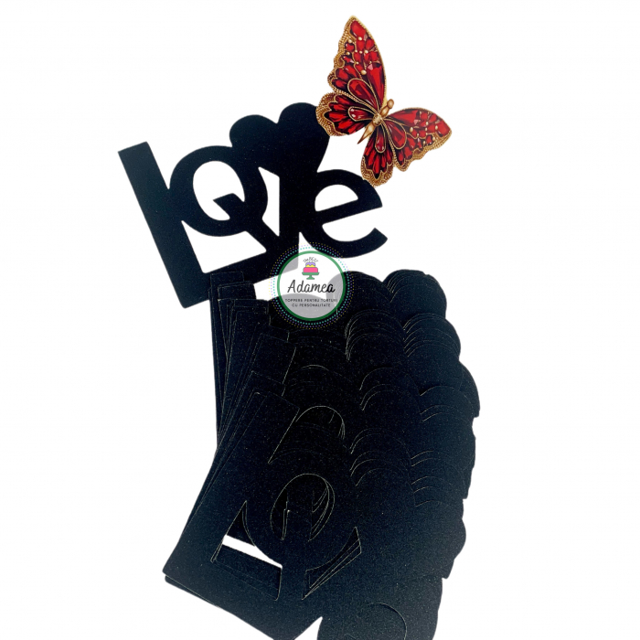 Topper de tort cu element special din carton sub forma de LOVE negru glitter [2]