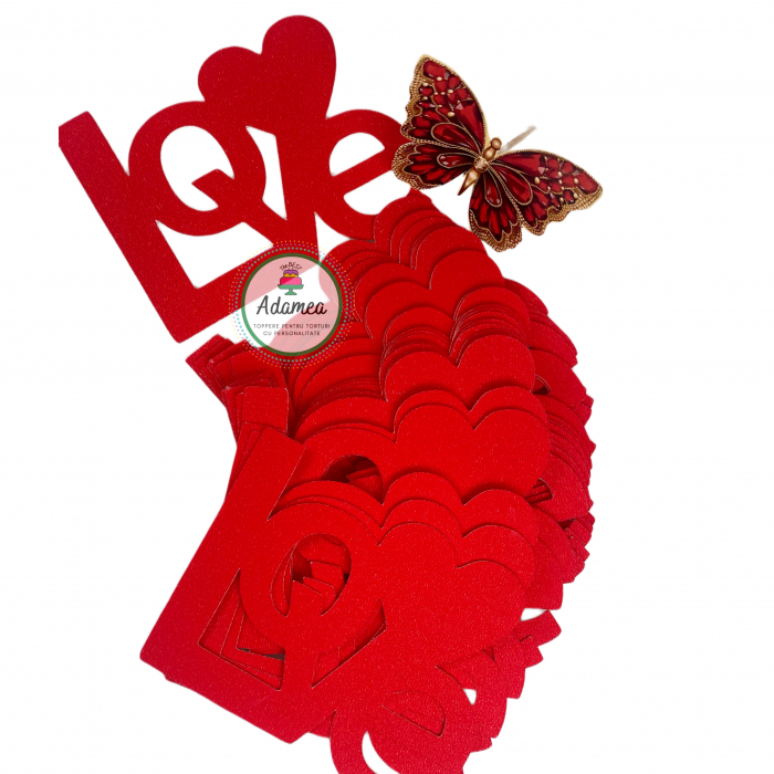 Topper de tort cu element special din carton sub forma de LOVE rosu glitter [2]