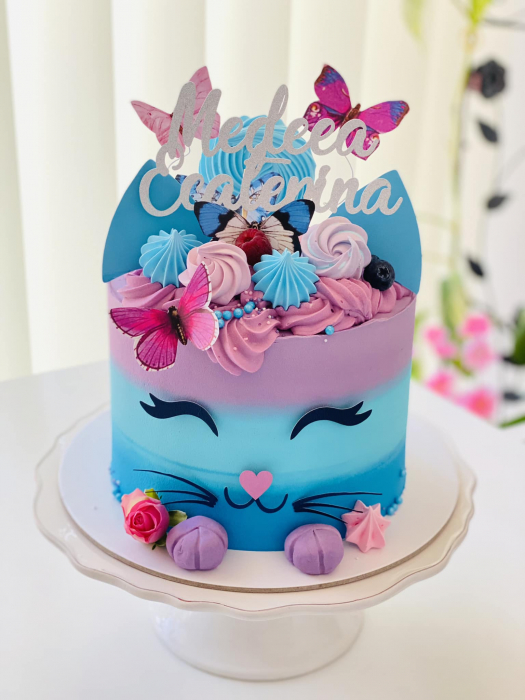 Topper de tort cu element special din carton sub forma de cap de  motanel cu urechi albastre [3]