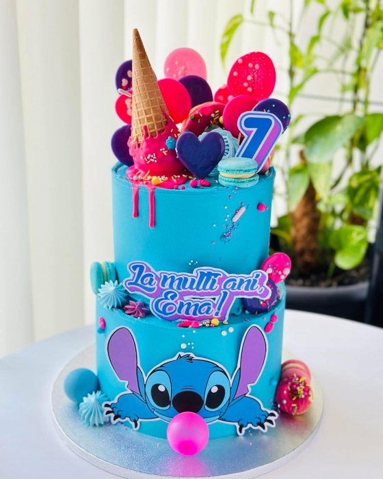 Topper de tort  personalizat cu element special din carton sub forma de  Stitch mare frontal [2]