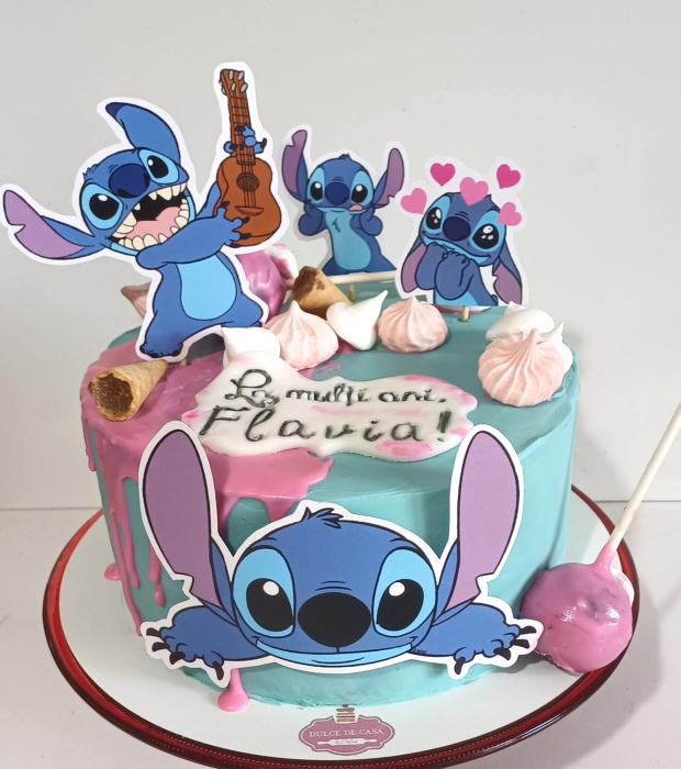 Topper de tort  personalizat cu element special din carton sub forma de  Stitch mare frontal [3]