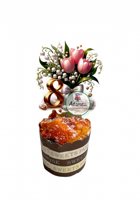 Topper de tort  personalizat cu element special din carton sub forma de  stegulet cu 8 Martie cu flori [1]