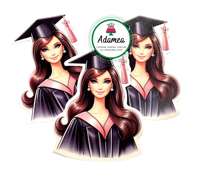Topper de tort  personalizat cu element special din carton sub forma de  studenta absolventa stil Barbie [1]