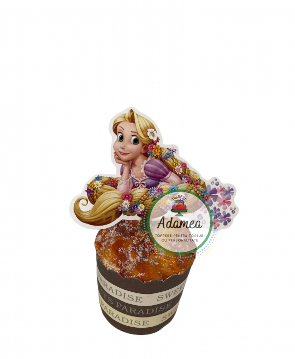 Topper de tort personalizabil realizat din carton cu decor tip cartonas cu bust de Rapunzel cu flori in par [2]