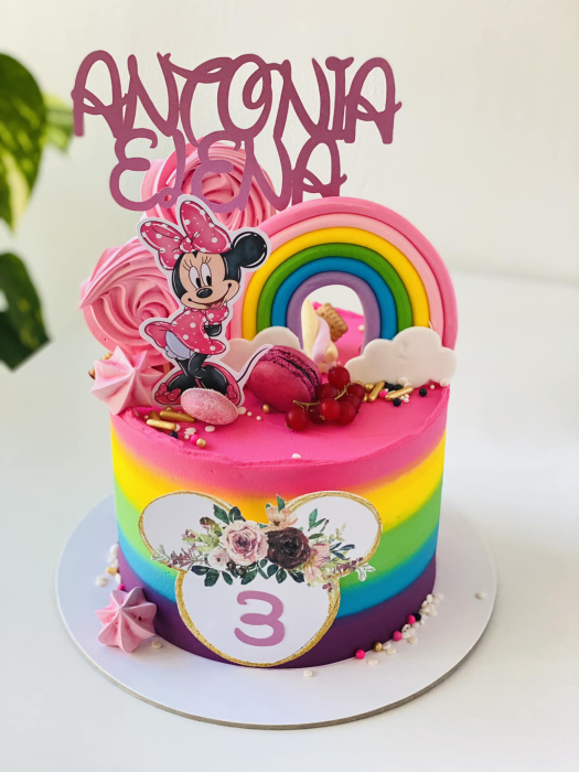 Topper de tort cu element special din carton sub forma de cap de Minnie cu contur auriu si flori watercolor [2]