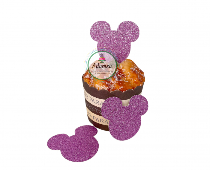 Topper de tort  personalizat cu element special din carton sub forma de  cap de Minnie roz deschis intens  glitter [1]