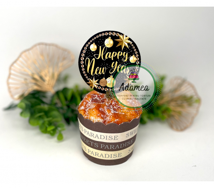 Topper de tort cu element special din carton sub forma de  banut  negru cu galben tip auriu cu Happy New Year [1]