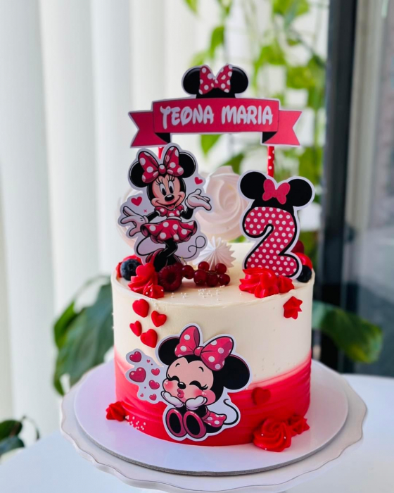 Topper de tort personalizat cu element special din carton cu cifra 2 pentru Minnie rosu cu fundita [3]