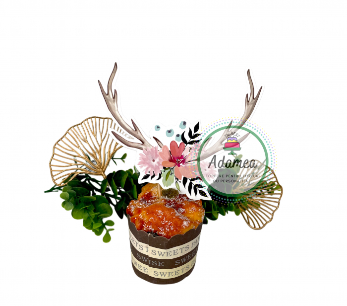 Topper de tort cu element special din carton sub forma de coarne de ren cu flori, de Craciun [1]