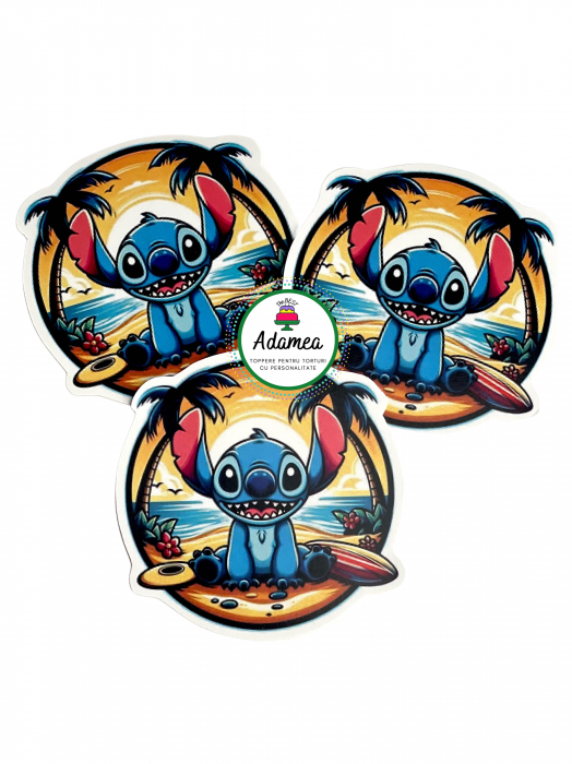 Topper de tort  personalizat cu element special din carton sub forma de Stitch pe plaja [1]