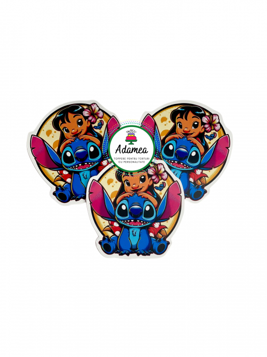 Topper de tort  personalizat cu element special din carton sub forma de  cerculet cu Stitch si Lilo [1]