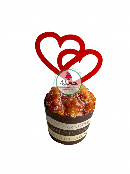 Topper de tort  personalizat cu element special din carton sub forma de doua inimi unite rosu glitter [1]