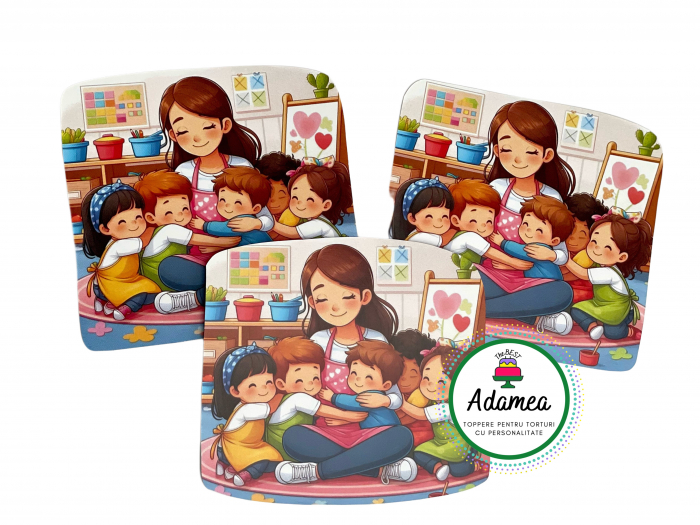 Topper de tort  personalizat cu element special din carton sub forma de educatoare si copiii de la gradinita [1]
