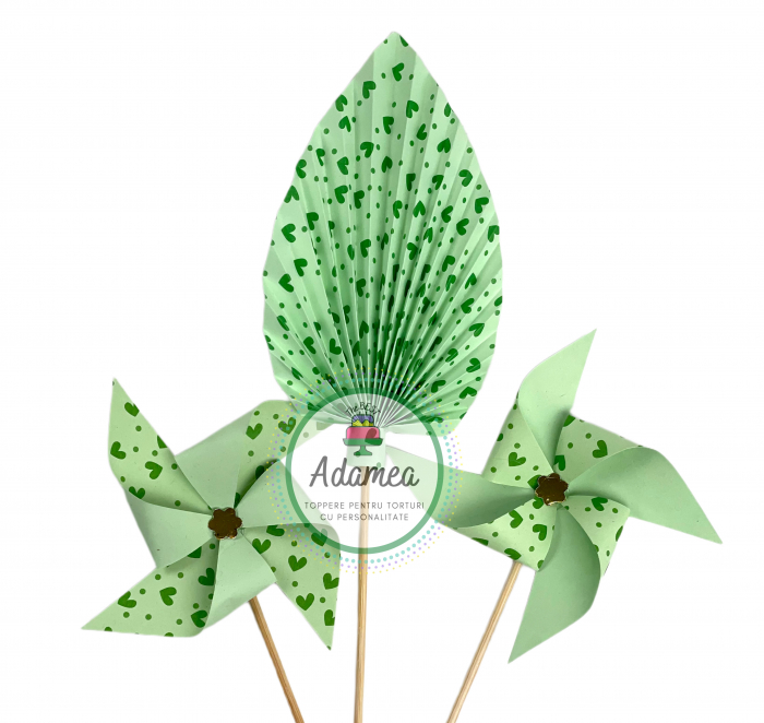 Topper de tort cu element special din carton sub forma de evantai sau frunza de palmier verde deschis cu inimioare [3]