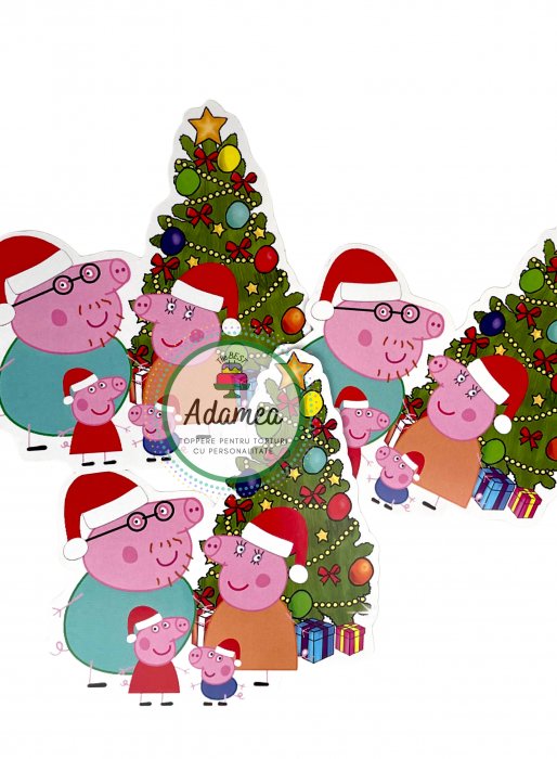 Topper de tort cu element special din carton sub forma de decoratiune cu familia Peppa Pig de Craciun [1]