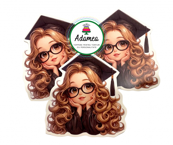 Topper de tort  personalizat cu element special din carton sub forma de  eleva dulce cu toca de absolvent [1]