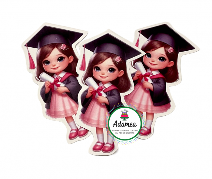 Topper de tort  personalizat cu element special din carton sub forma de fetita in roz absolventa cu toca si diploma [1]