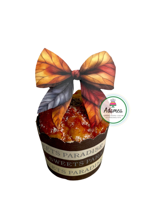 Topper de tort  personalizat cu element special din carton  cu fundita din frunze de toamna [1]
