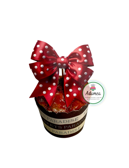 topper de tort  personalizat cu element special din carton printat cu o fundita rosie lucioasa cu buline albe cu efect 3D [1]