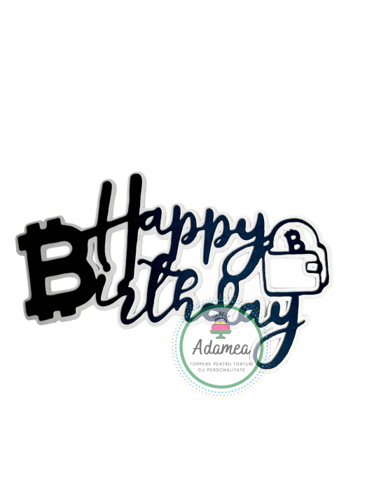 Topper de tort cu element special din carton sub forma de  Happy Birthday alb cu negru cu portofel cu Bitcoin [1]