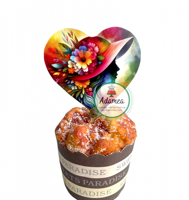 Topper de tort  personalizat cu element special din carton sub forma de  inima cu chip de femeie cu palarie [1]