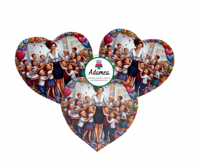 Topper de tort  personalizat cu element special din carton sub forma de inima cu invatatoare eleganta si elevii sai [1]