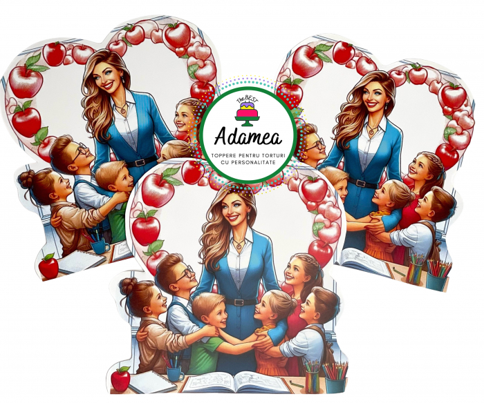 topper de tort  personalizat cu element special din carton sub forma de  invatatoare sau profesoara inconjutata de elevi [1]
