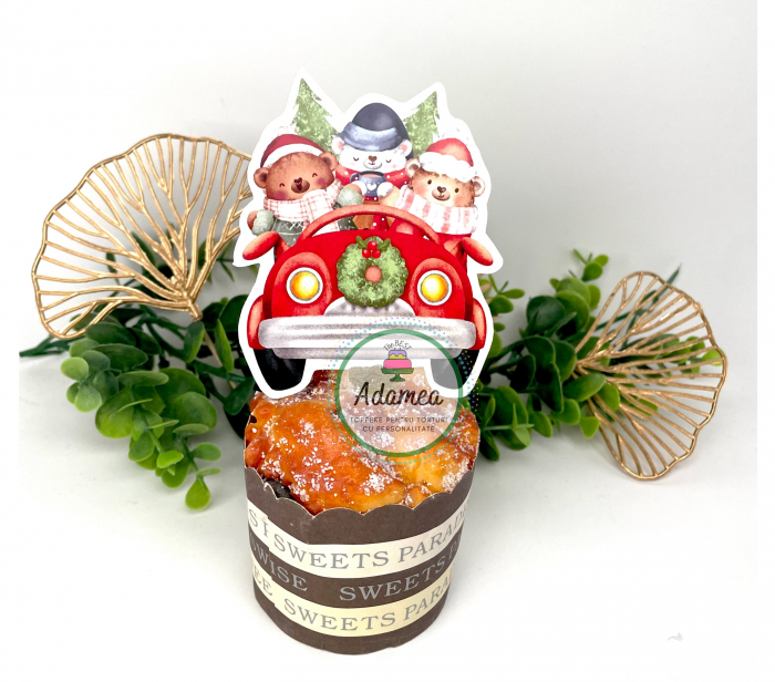 Topper de tort cu element special din carton sub forma de masinuta rosie de Craciun cu 3 ursuleti [1]