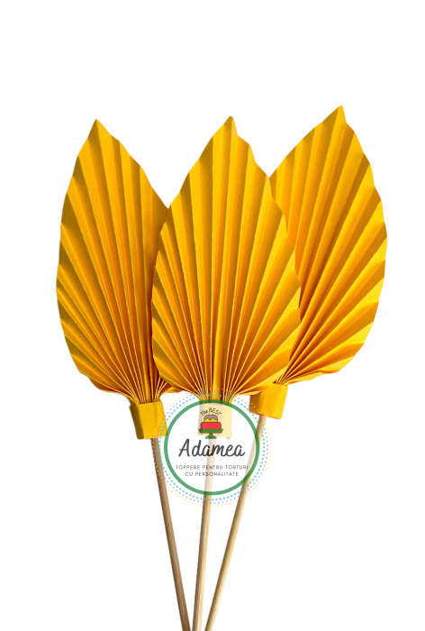 Topper de tort  personalizat cu element special din carton  cu evantai sau frunza de palmier mini galben luminos [1]