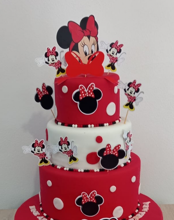 Topper de tort  personalizat cu element special din carton sub forma de Minnie in rochie rosie cu buline albe [3]