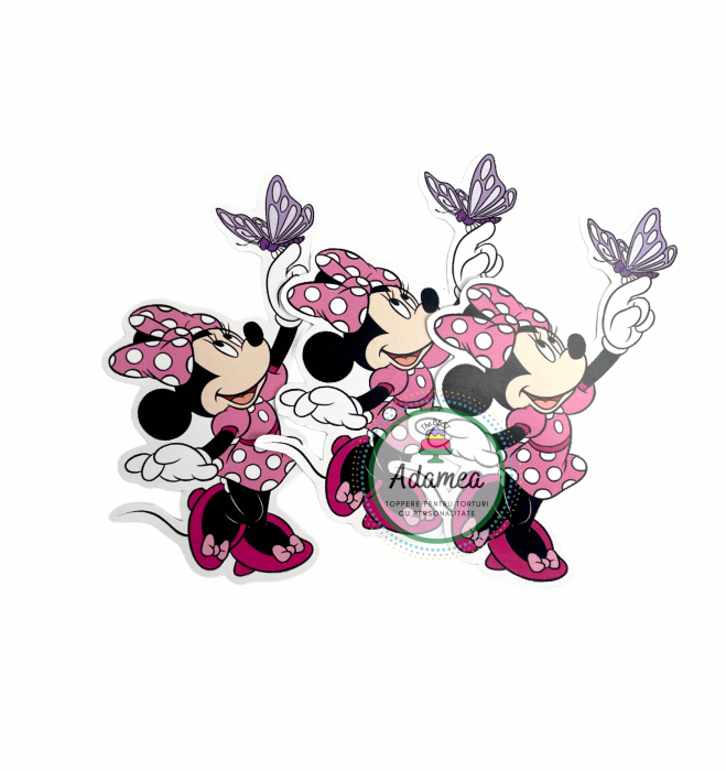 Topper de tort  personalizat cu element special din carton sub forma de  Minnie roz cu fluture mov [1]