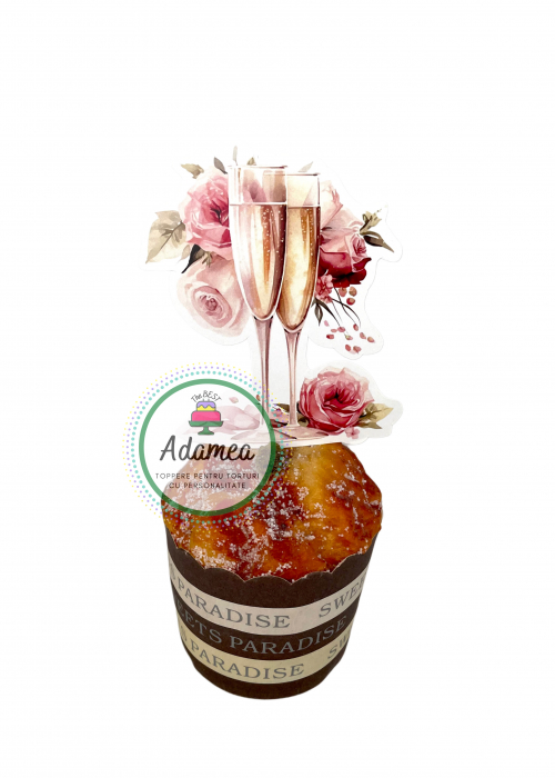 Topper de tort cu element special din carton sub forma de doua pahare de sampanie cu flori [1]