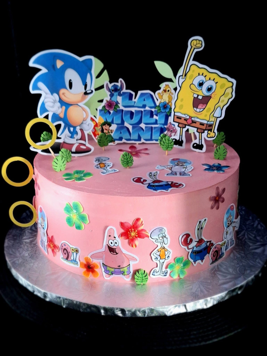 Topper de tort  personalizat cu element special din carton sub forma de placheta cu La multi anni tematica Stitch [2]