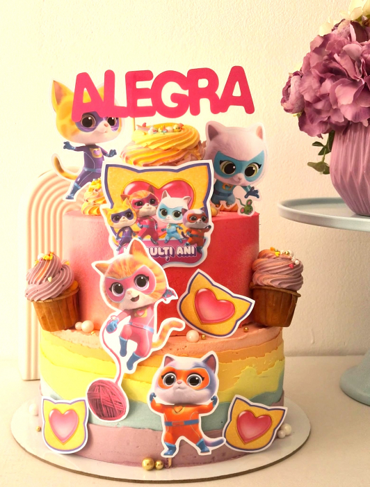 Topper de tort  personalizat cu element special din carton sub forma de placheta cartonata cu Super Pisicute si La multi ani [2]