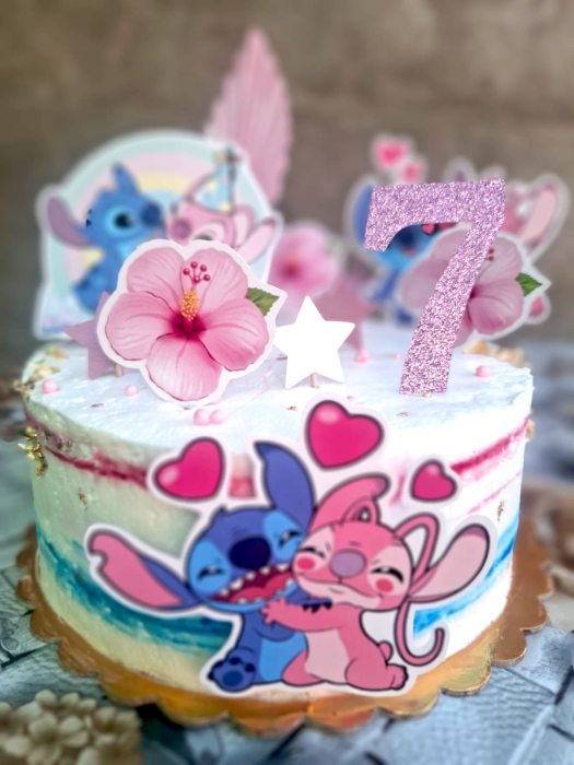 Topper de tort  personalizat cu element special din carton sub forma de  placuta cu La multi ani si Stitch cu Angel [2]