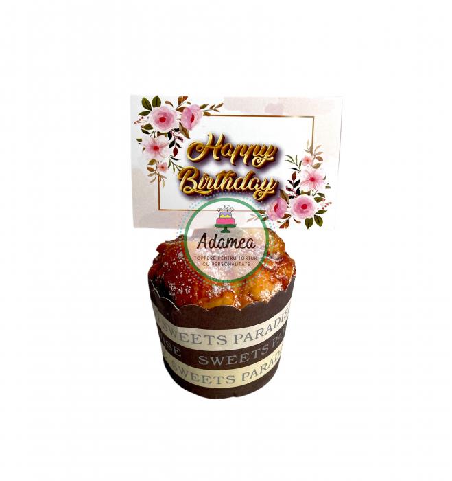 Topper de tort  personalizat cu element special din carton sub forma de  cartonas dreptunghi cu flori si Happy Birthday [1]